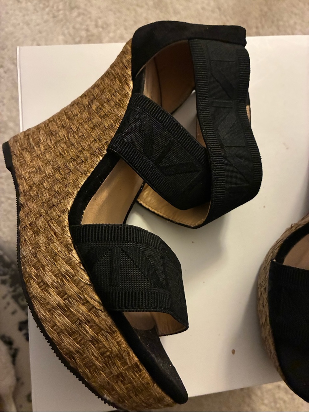 Black Elastic Strap Wedge Sandals with Braided Jute Platform